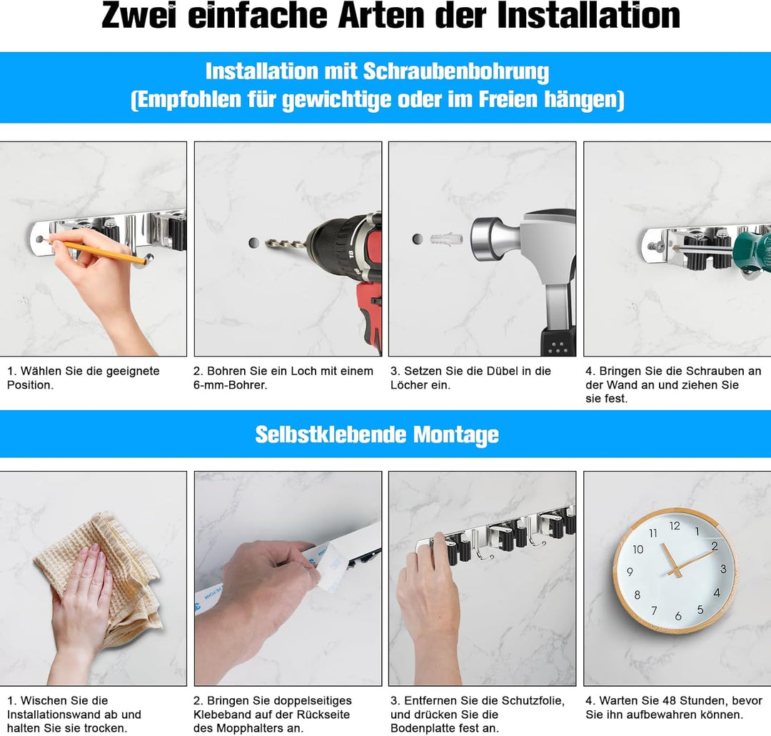 Besenhalterung Wand, Besenhalter Edelstahl, Gerätehalter Wandhalterung mit 5 Halter und 4 Haken, Bes
