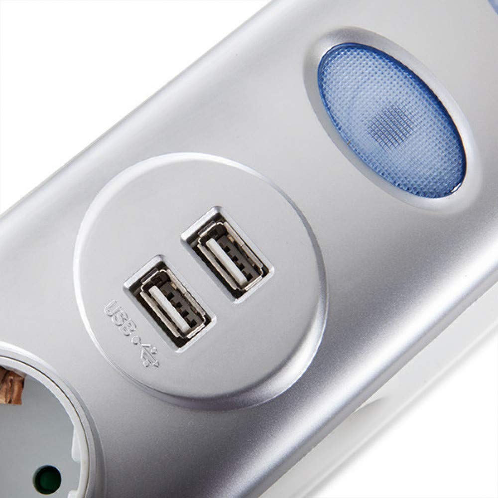 Stecker 6 X Steckdose + Schalter Leuchtend + 2 X Usb Ladegerät 2100 Ma 5V - IP20 - Weisssilber | Gre