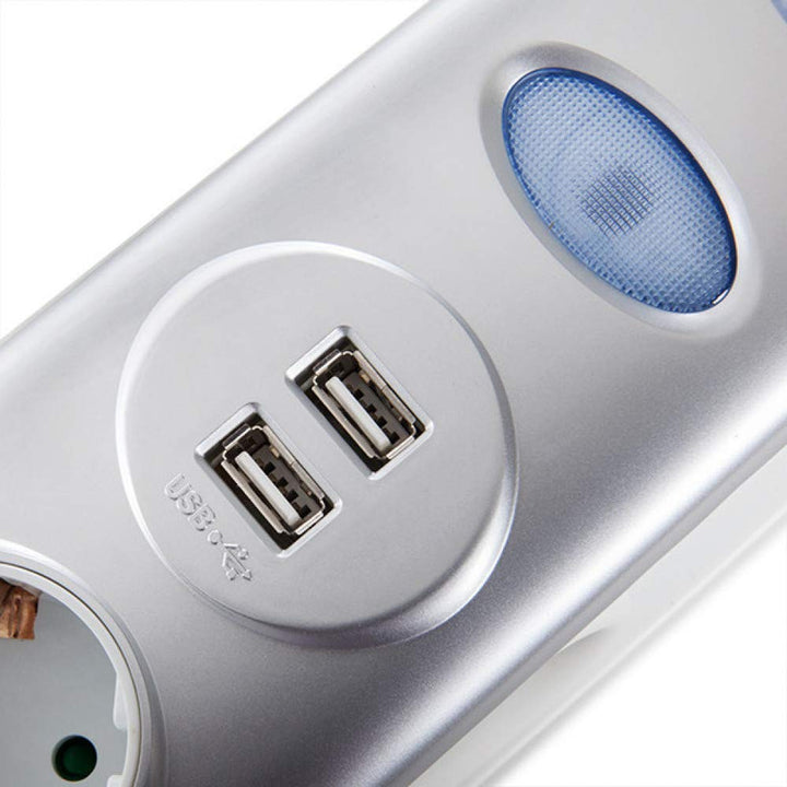 Stecker 6 X Steckdose + Schalter Leuchtend + 2 X Usb Ladegerät 2100 Ma 5V - IP20 - Weisssilber | Gre