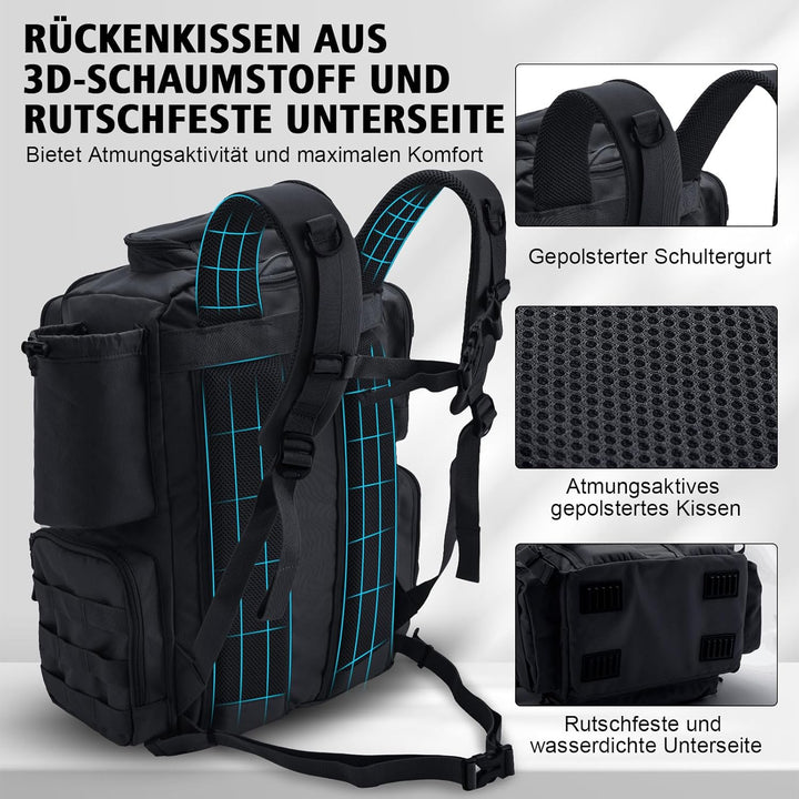 Goture Angelrucksack mit 4 Köderbox Angeln, 45-Liter Angelzubehör-Rucksack mit Zwei Rutenhaltern und