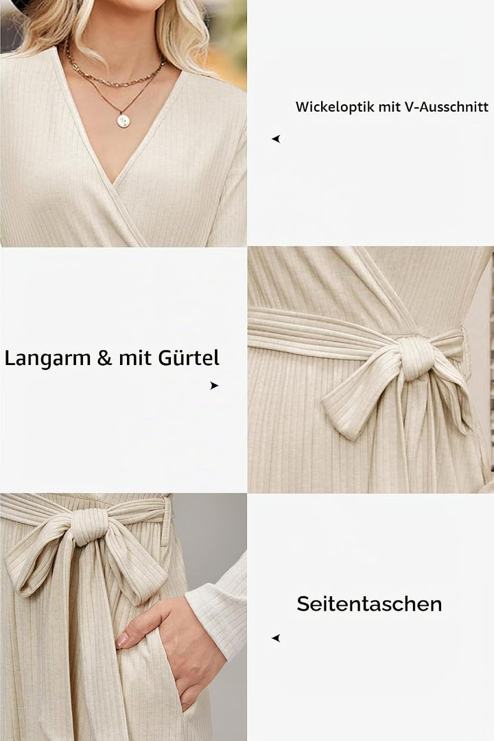 Newshows Strickkleid Damen Herbstkleid V Ausschnitt Pulloverkleid Winterkleid Kleid mit Taschen für