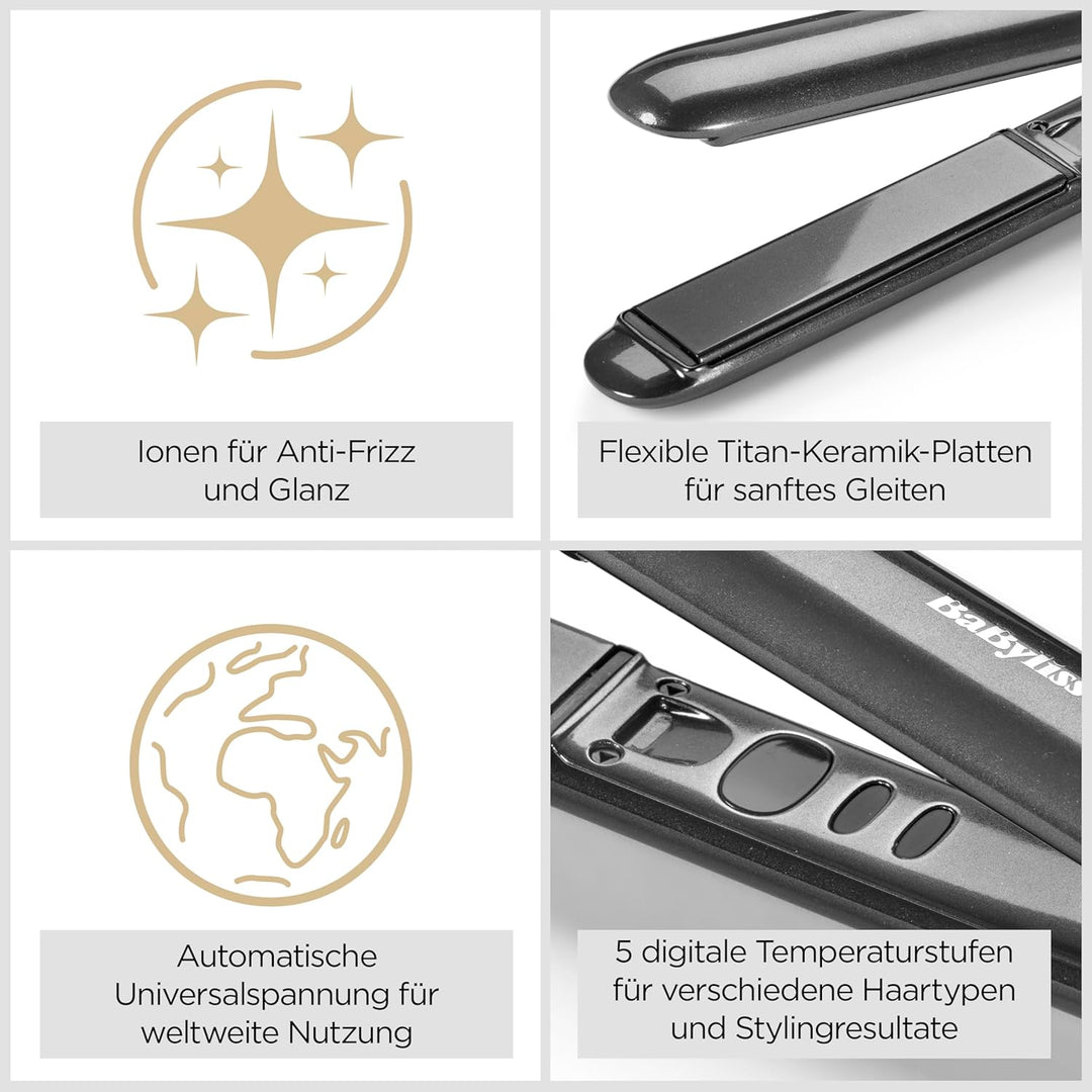 BaByliss Titanium Shine Glätteisen – NEU 2025, Titan-Keramik-Gleittechnologie, 5 Temperatureinstellu