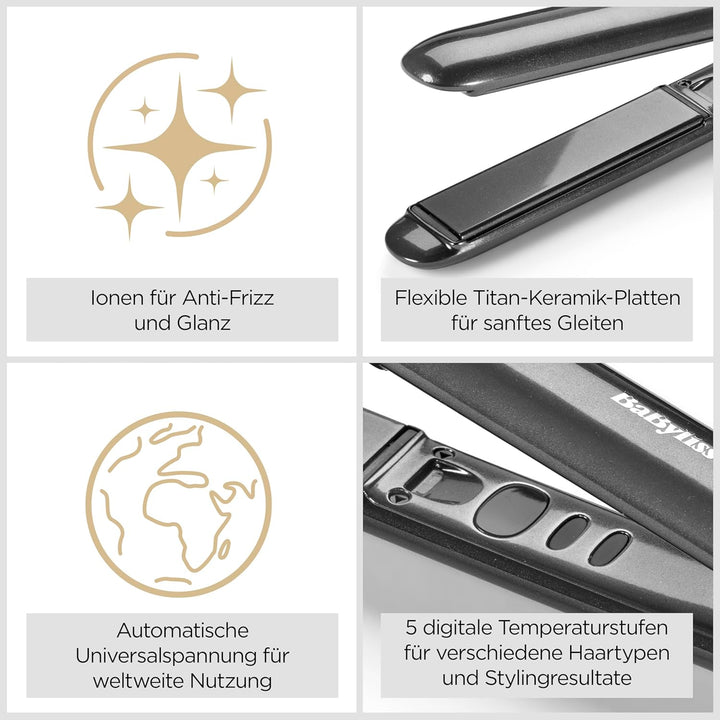 BaByliss Titanium Shine Glätteisen – NEU 2025, Titan-Keramik-Gleittechnologie, 5 Temperatureinstellu