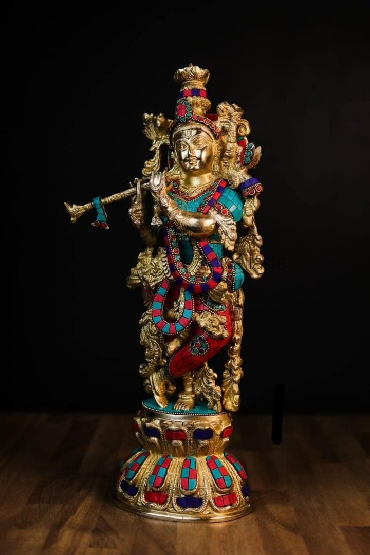 SHIVAJI ARTS Krishna Statue, gross, aus Messing, 45 cm, Lord Krishna Skulptur für Zuhause, Altar, Te