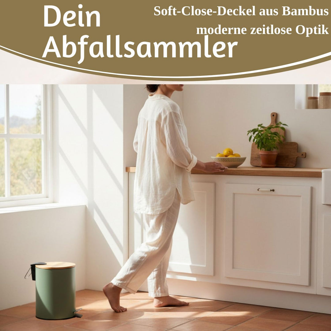 LS-LebenStil Tretmülleimer Papierkorb 3L Matt Grün Rund mit Softclose Holz Deckel Treteimer Fusspeda