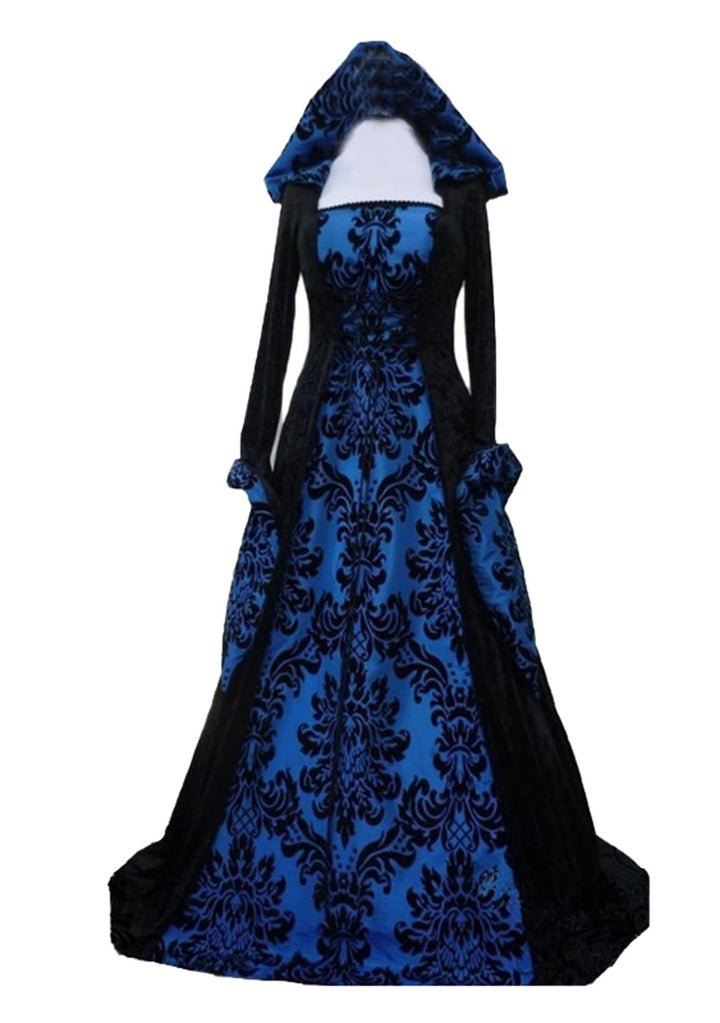 Damen Gothic Kleidung Mittelalter Kleid, Vintage Bodenlangen Gebunden Taille Maxikleid mit Kapuze Pr