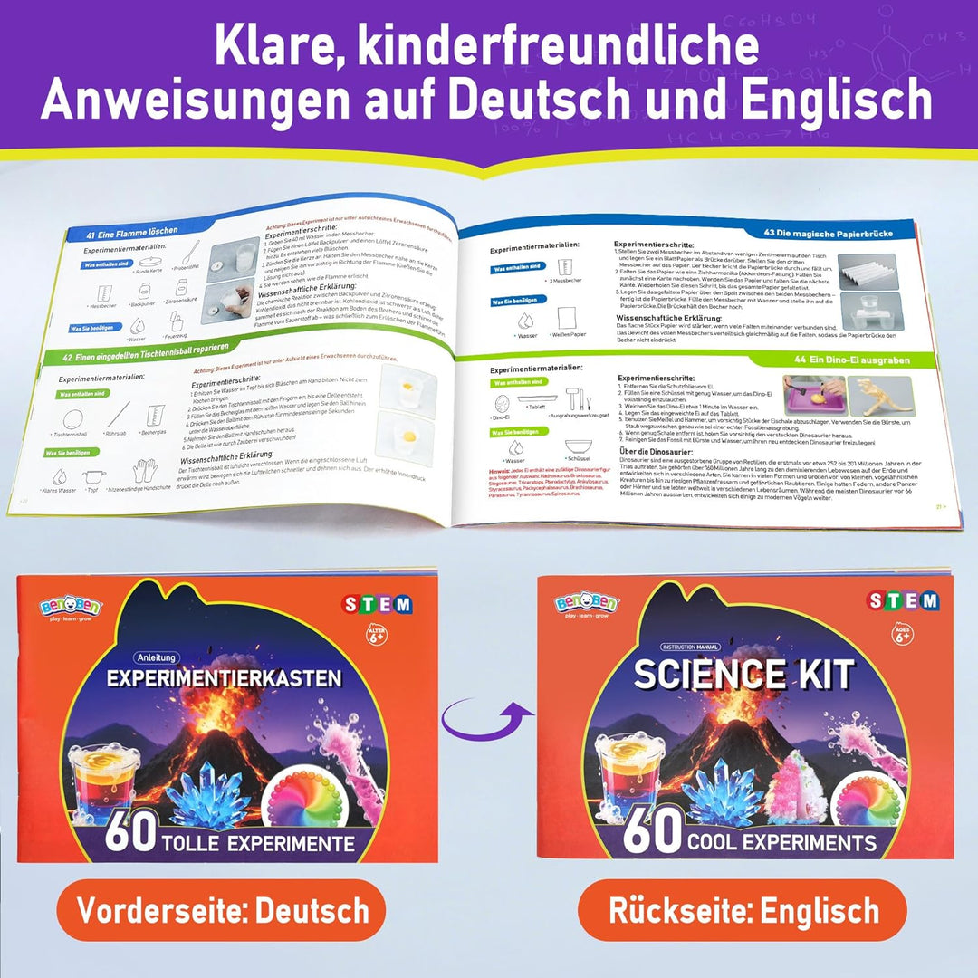 BenBen 60+ Experimente für Kinder ab 6 7 8 9 10, Wissenschaft Experimentierkasten für Kinder, STEM S