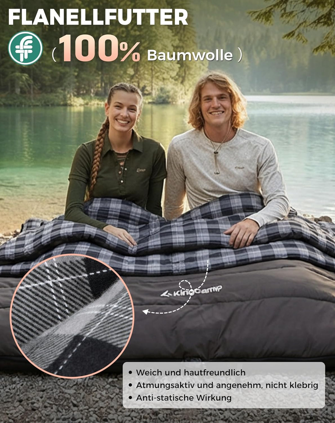 KingCamp Doppelschlafsack Baumwolle Flanell Winter Schlafsack 2 Personen Warmer Deckenschlafsack 3-4