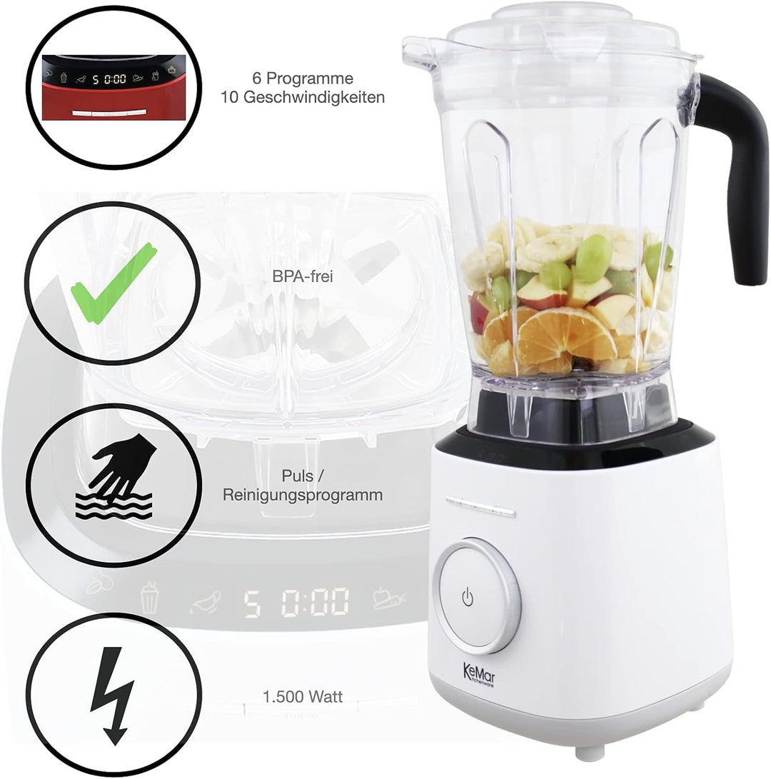 KeMar Standmixer, Hochleistungsmixer, Mixer (1500W, 2 Liter) + GRATIS Bambus Trinkhalme - mit Touch