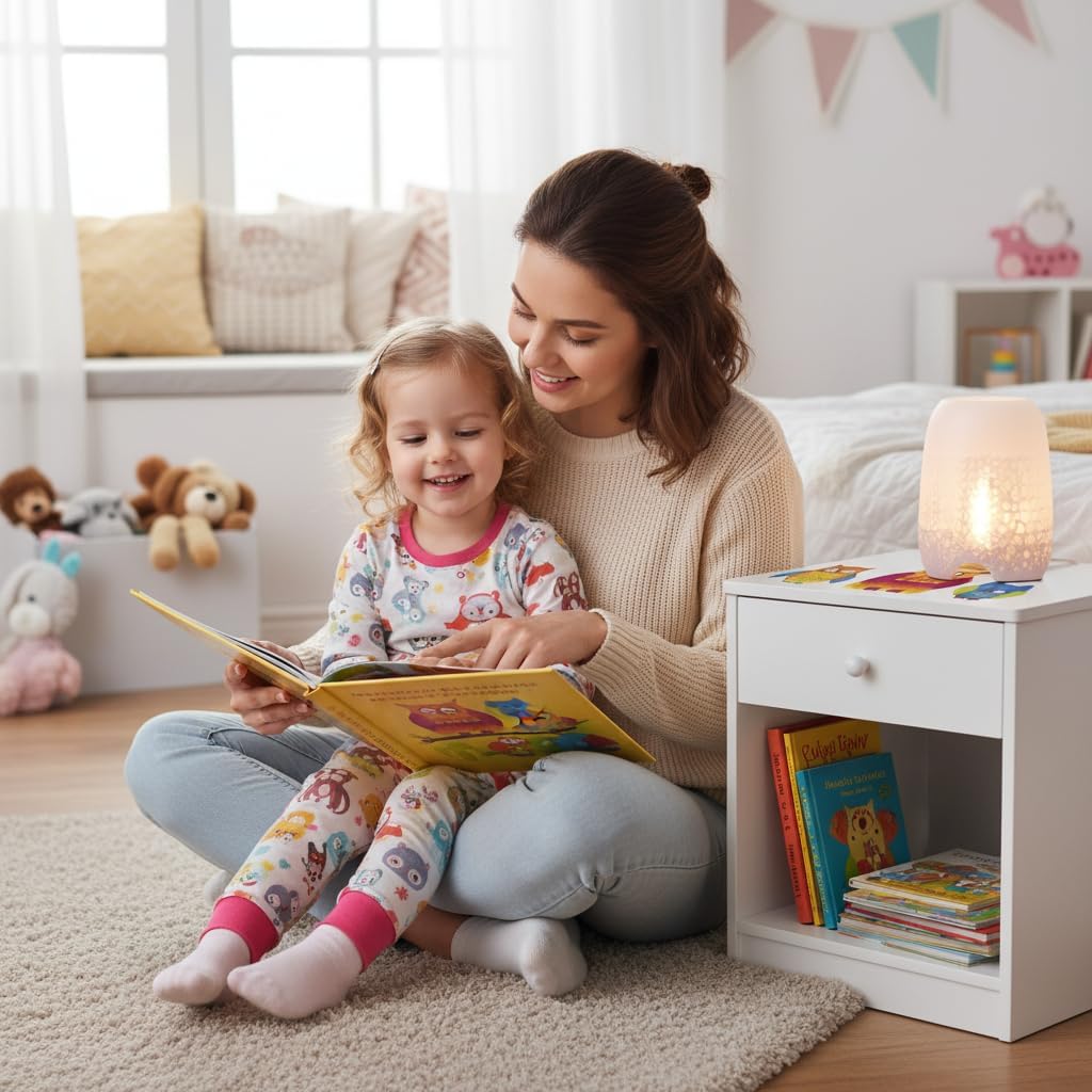 Leomark Nachttisch aus Holz - Eulen - Nachtschränkchen mit Schublade, Nachtschrank für Kinder, Weiss