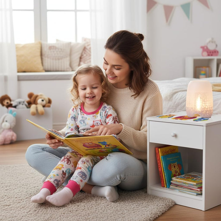 Leomark Nachttisch aus Holz - Eulen - Nachtschränkchen mit Schublade, Nachtschrank für Kinder, Weiss