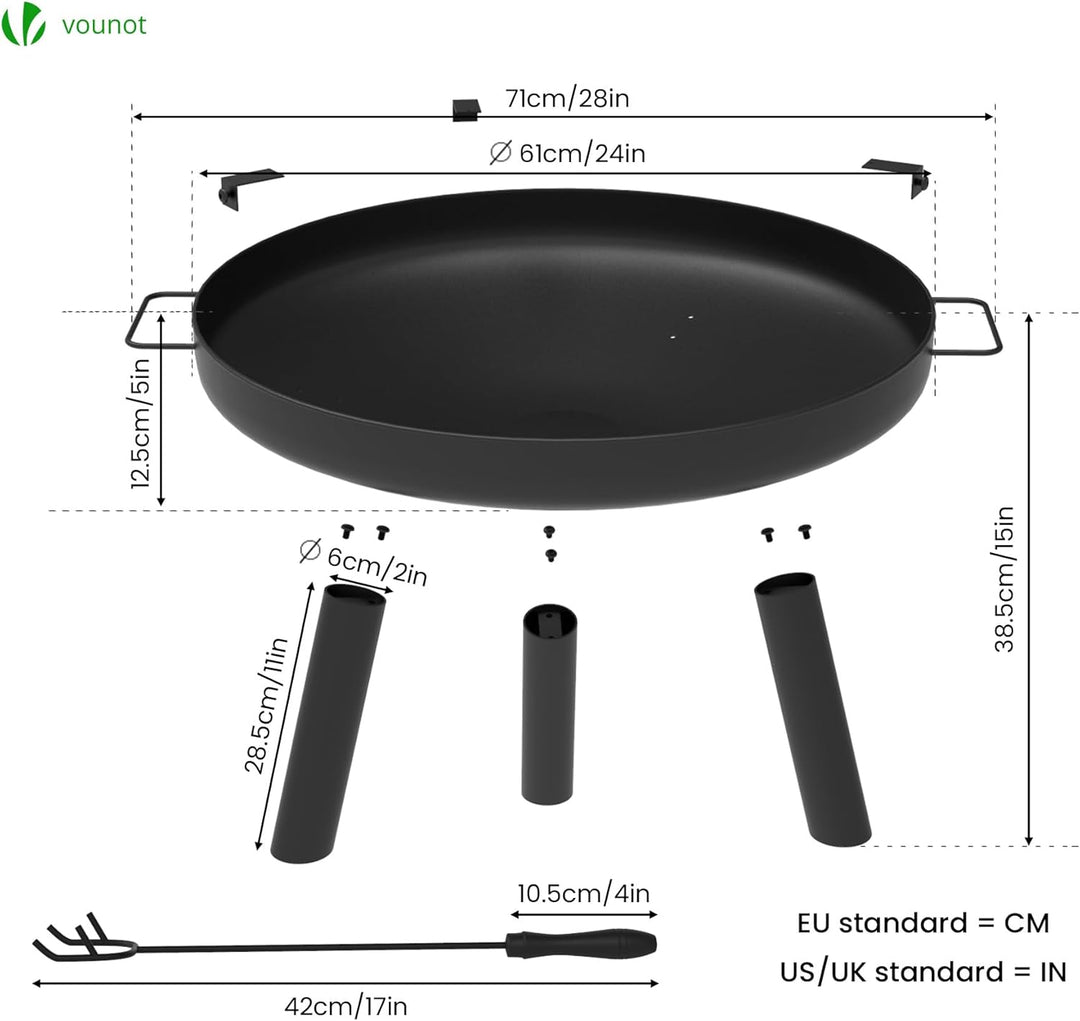 VOUNOT® Feuerschale Ø 61 cm Metall Feuerkorb mit Schürhaken Feuerstelle für den Garten, Terrasse, He