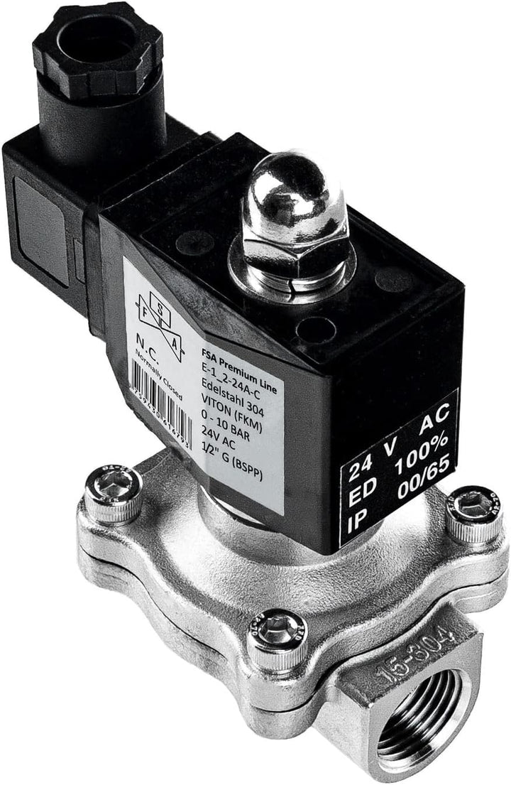 FSA Magnetventil Edelstahl 304 1/2" 24V AC 0-10 bar Viton stromlos geschlossen, 1/2" 24v Ac
