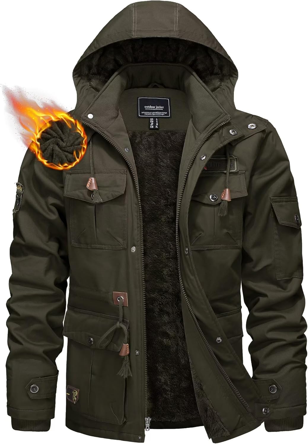 Winterparka Herren Fleece Gefüttert Winterjacke mit Viele Taschen Kapuze Warm Winter Mantel Übergang