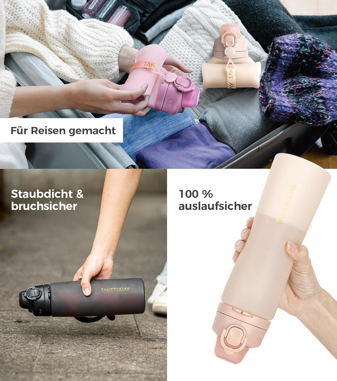 TakeToday Faltbare Trinkflasche 600 mL, zusammenklappbare Wasserflasche aus Platin-Silikon mit Stroh
