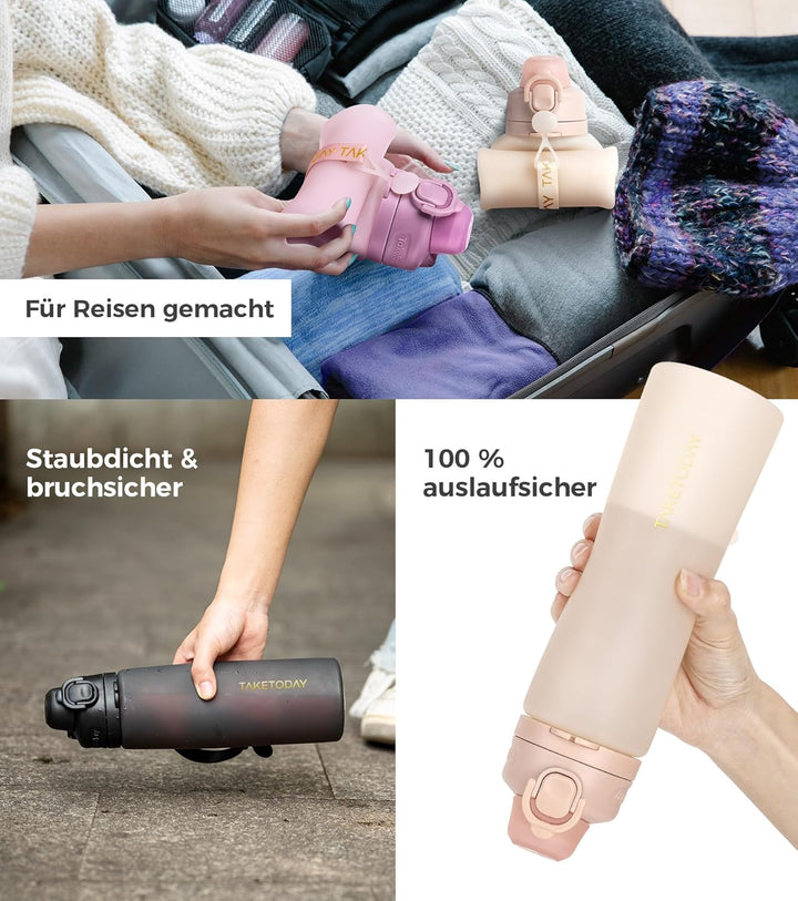 TakeToday Faltbare Trinkflasche 600 mL, zusammenklappbare Wasserflasche aus Platin-Silikon mit Stroh
