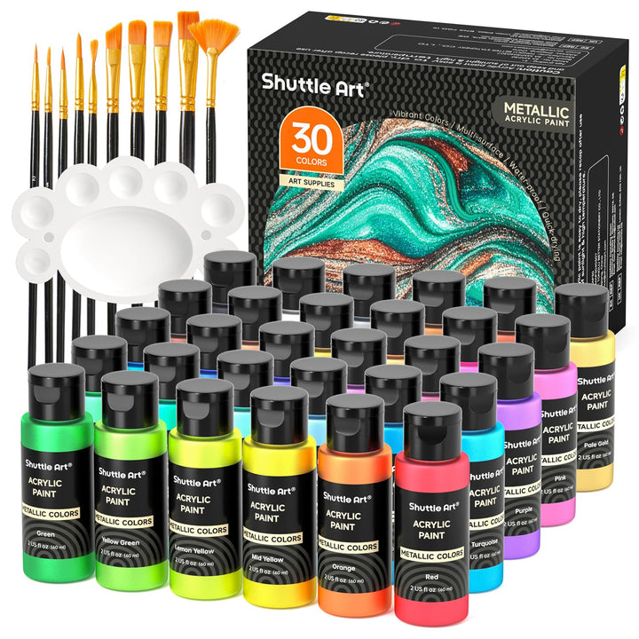 Shuttle Art Metallic Acrylfarben Set, 30 bunte Acrylfarben Metallic in Flaschen (60 ml), 10 Pinsel,