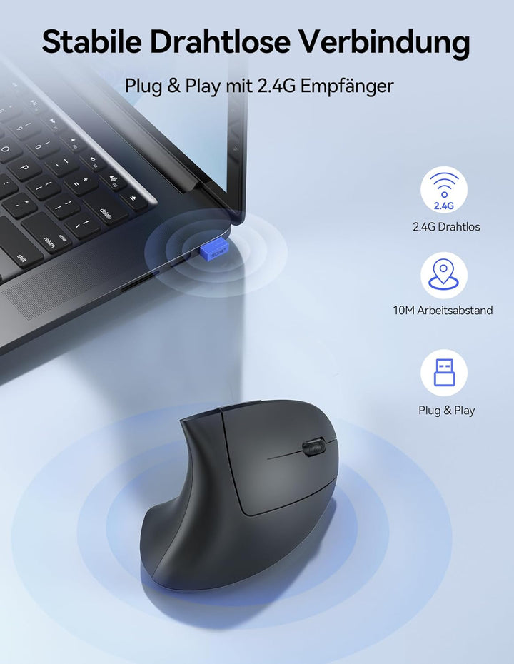 TECKNET Wiederaufladbar Ergonomische Maus Kabellos, 2.4G Optische Vertikale Maus Ergonomisch, 5 Eins