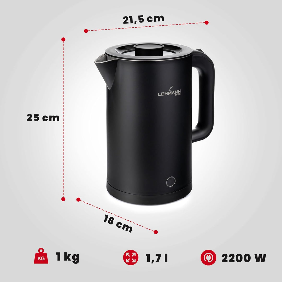 LEHMANN Elektrischer Wasserkocher Edelstahl 1,7L, 2200W, Schnelles Aufheizen, Doppelwand Design, Abs