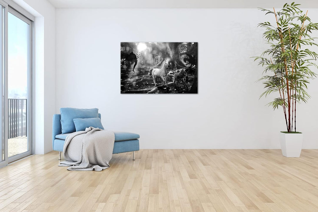 deyoli zauberhaftes Einhorn Format: 80x60 Effekt: Schwarz&Weiss als Leinwandbild, Motiv fertig gerah