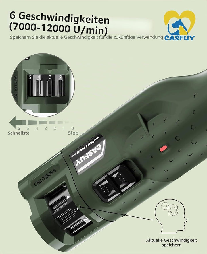 Casfuy Krallenschleifer für Hunde - (45 dB) 6-Gang-Haustier-Krallenschleifer mit 2 LED-Lichtern für