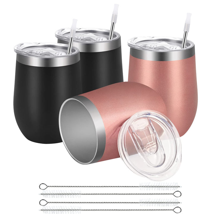 Joymaking 4 Stück Weinbecher Edelstahl, Stemless Weinbecher mit Deckel, Doppelwandige Unbreakable Tr