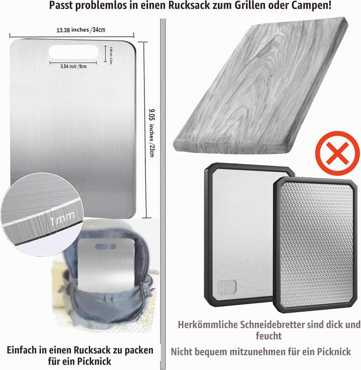 Schneidebrett Edelstahl, 3 Stück Titan Schneidebrett, Titanium Cutting Board, Doppelseitiges Lebensm