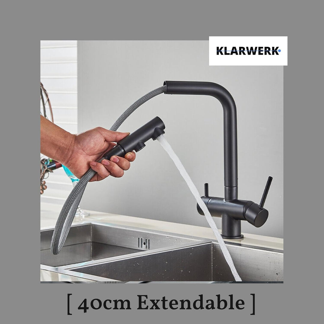 Felix | 3 Wege Premium Schwarz matt ausziehbare Armatur | Edelstahl Osmose Wasserhahn Küche |Mischba