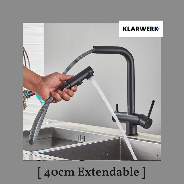 Felix | 3 Wege Premium Schwarz matt ausziehbare Armatur | Edelstahl Osmose Wasserhahn Küche |Mischba