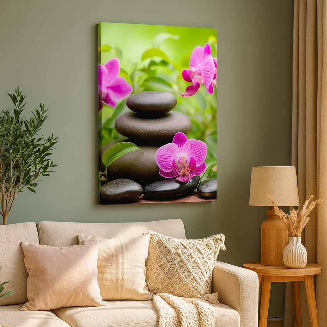 Bilder auf Leinwand Blumen Steine Bambus Dekoration Leinwandbild mit Rahmen 45x80cm Wandbilder Dekor