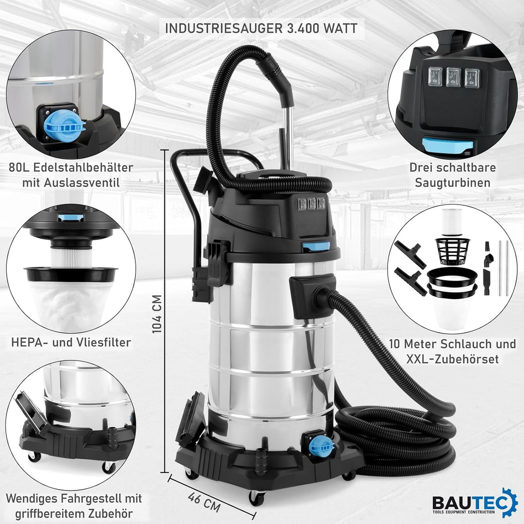 BAUTEC Industriesauger 3.400 W » 80 Liter Edelstahlbehälter » inkl. 10 m Saugschlauch, Düsenset, Hep