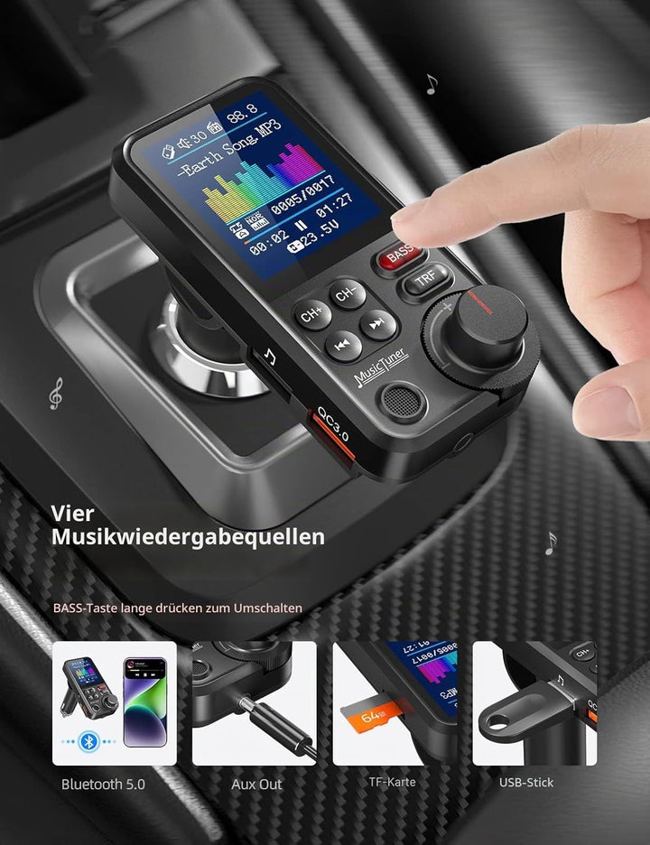Nulaxy Bluetooth Adapter Auto, Starkes Mikrofon FM Transmitter Auto Bluetooth mit 1,8-Zoll-Farbbilds
