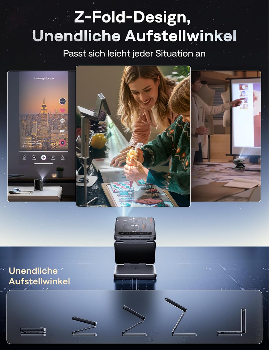 Aurzen Zip Cyber Edition Tri-Fold Mini Beamer mit 5000 mAh Akku, 4K Unterstützt Smart Beamer Klein T