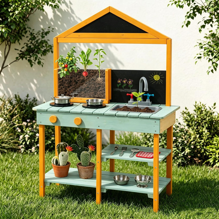 DREAMADE Matschküche Kinder Outdoor, Kinderküche Tannenholz, Spielküche mit Wasserhahn, Waschbecken,