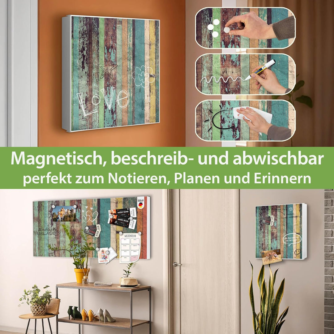 banjado® Grosser Schlüsselkasten Glas/Schlüsselbox 30cm x 30cm mit 50 Haken - Motiv Bunte Bretterwan