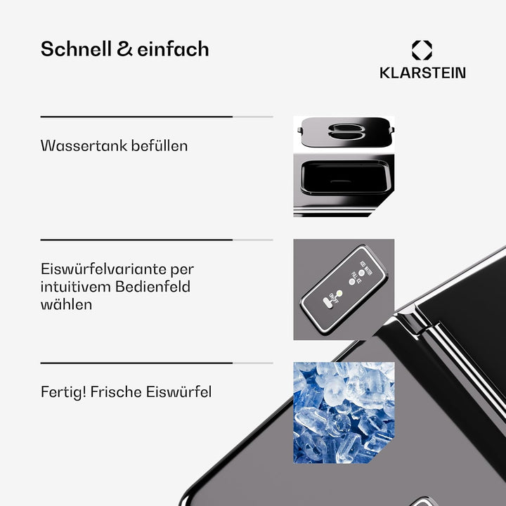 Klarstein Eiswürfelmaschine – Edelstahl, 13 kg/24 h, Touchscreen, kristallklare Eiswürfel, niedriger