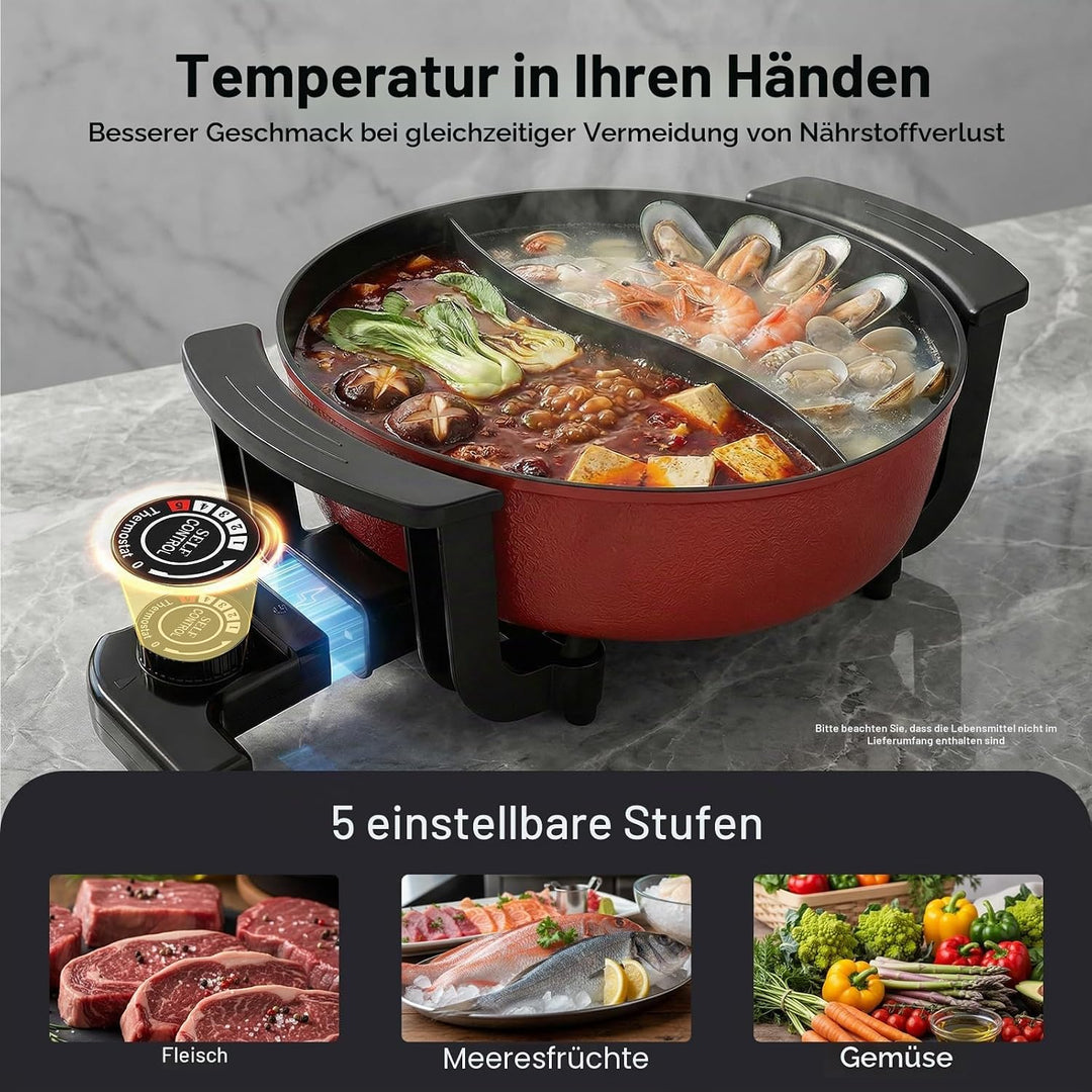 Elektrischer Kochtopf, 1360W 220V Hotpot Topf mit Teiler &amp; Glas-Deckel, 6L Hot Pot Fondue Chinesisch