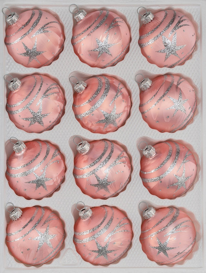12 TLG. Glas-Weihnachtskugeln Set in Ice Rosa Silber Komet- Christbaumkugeln - Weihnachtsschmuck-Chr