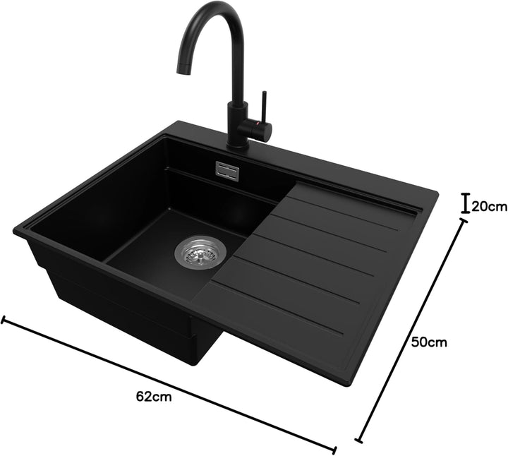 PRIMAGRAN Granitspüle Schwarz 62x50cm, Spülbecken 1 Becken + Küchenarmatur 32x20cm + Ablauf-Set, Küc