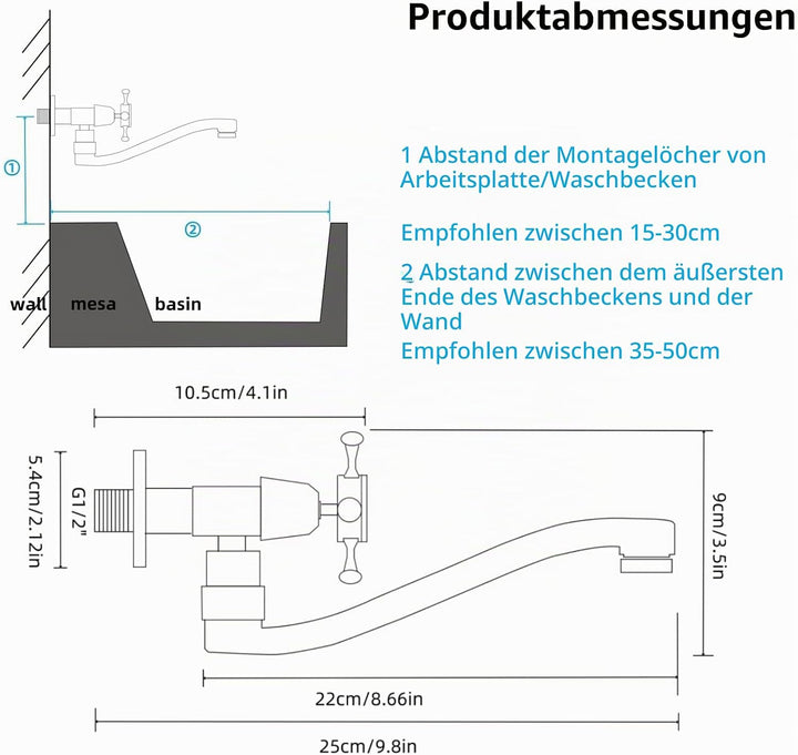Wandarmatur Kaltwasser Schwarz, Wasserhahn Wandmontage Lang, 360° Drehbar Wasserhahn Garten Wand, Wa