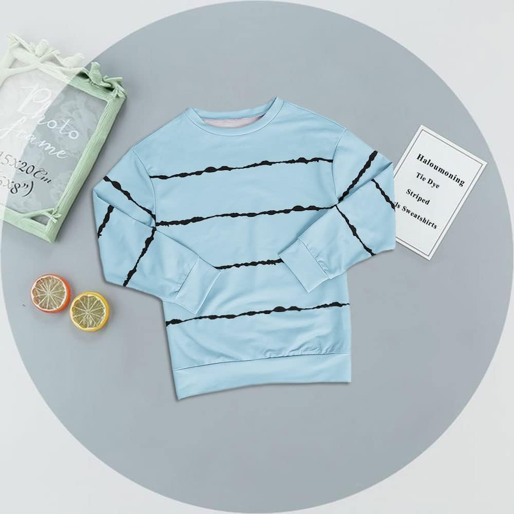 Haloumoning Sweatshirt Mädchen Streifen Rundhalsausschnitt Kinder Pullover Casual Langarm Tops 10-12