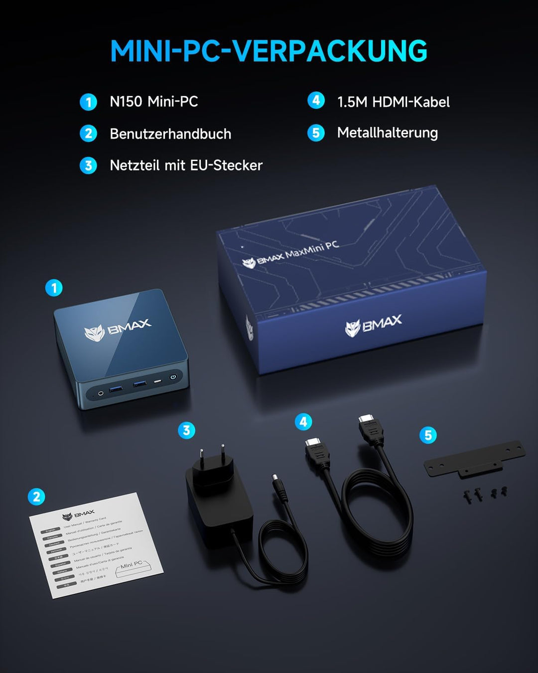 BMAX Büro Mini PC W-11 Pro Intel N150(Übertrifft N95/N97, bis zu 3,6 GHz), 16 GB DDR4 512 GB SSD Min