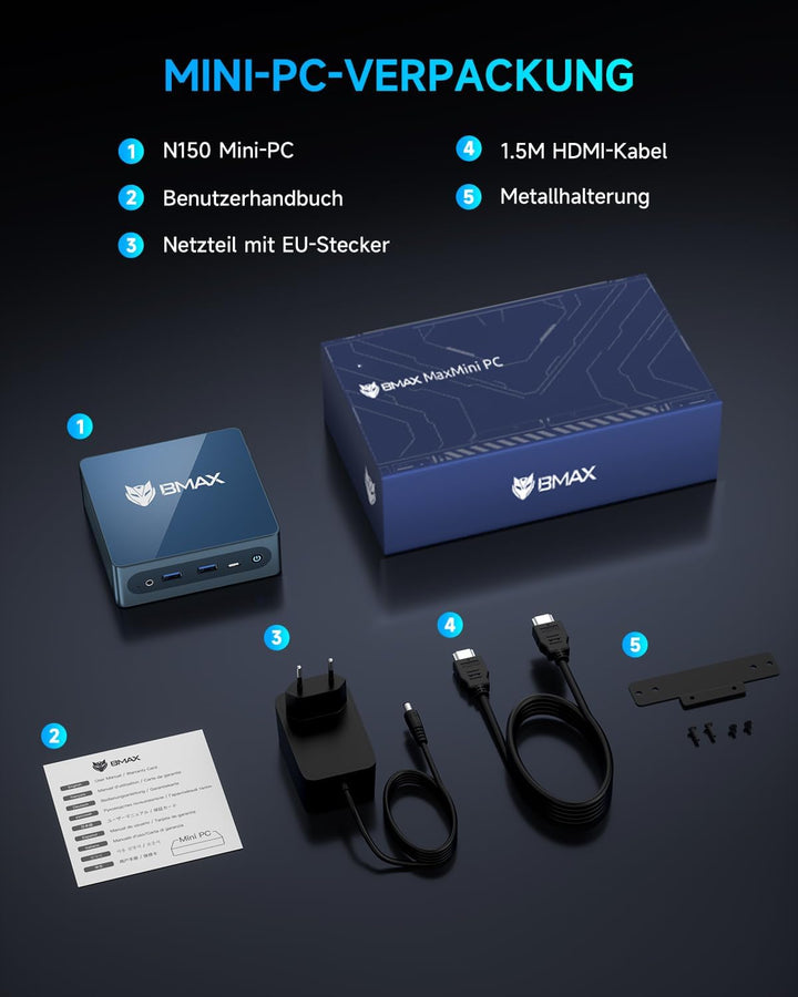 BMAX Büro Mini PC W-11 Pro Intel N150(Übertrifft N95/N97, bis zu 3,6 GHz), 16 GB DDR4 512 GB SSD Min
