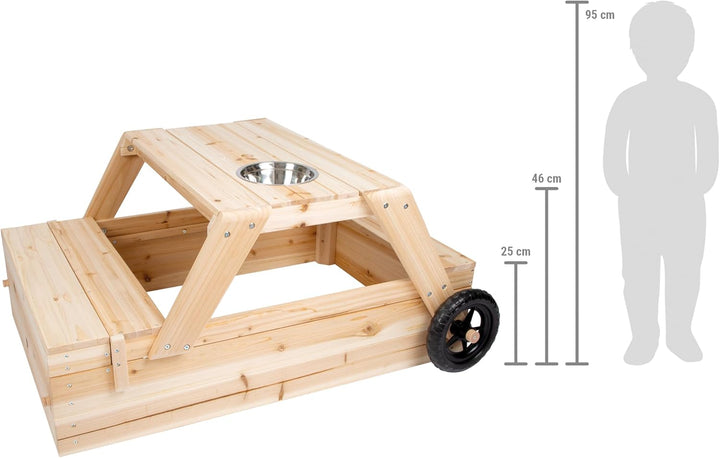 Small Foot Sandkasten mit Sitzgruppe und Matschtisch aus Holz, 3-in-1 Sandkiste zum Zusammenschieben