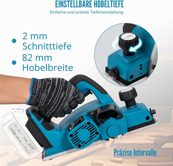 KATSU FIT-BAT Akku-Hobel 21V 82mm, Bürstenlos, 2mm Span, Alu-Sohle mit 3 V-Nuten, Extra Klingen, Ohn