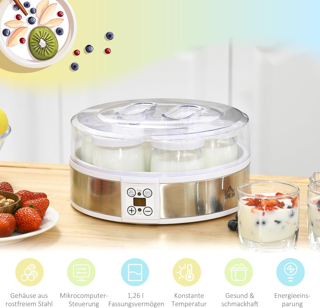 HOMCOM Joghurtbereiter Griechische Joghurtmaschine mit Deckel, 7 BPA-freier Glas-Innenbehälter à 180