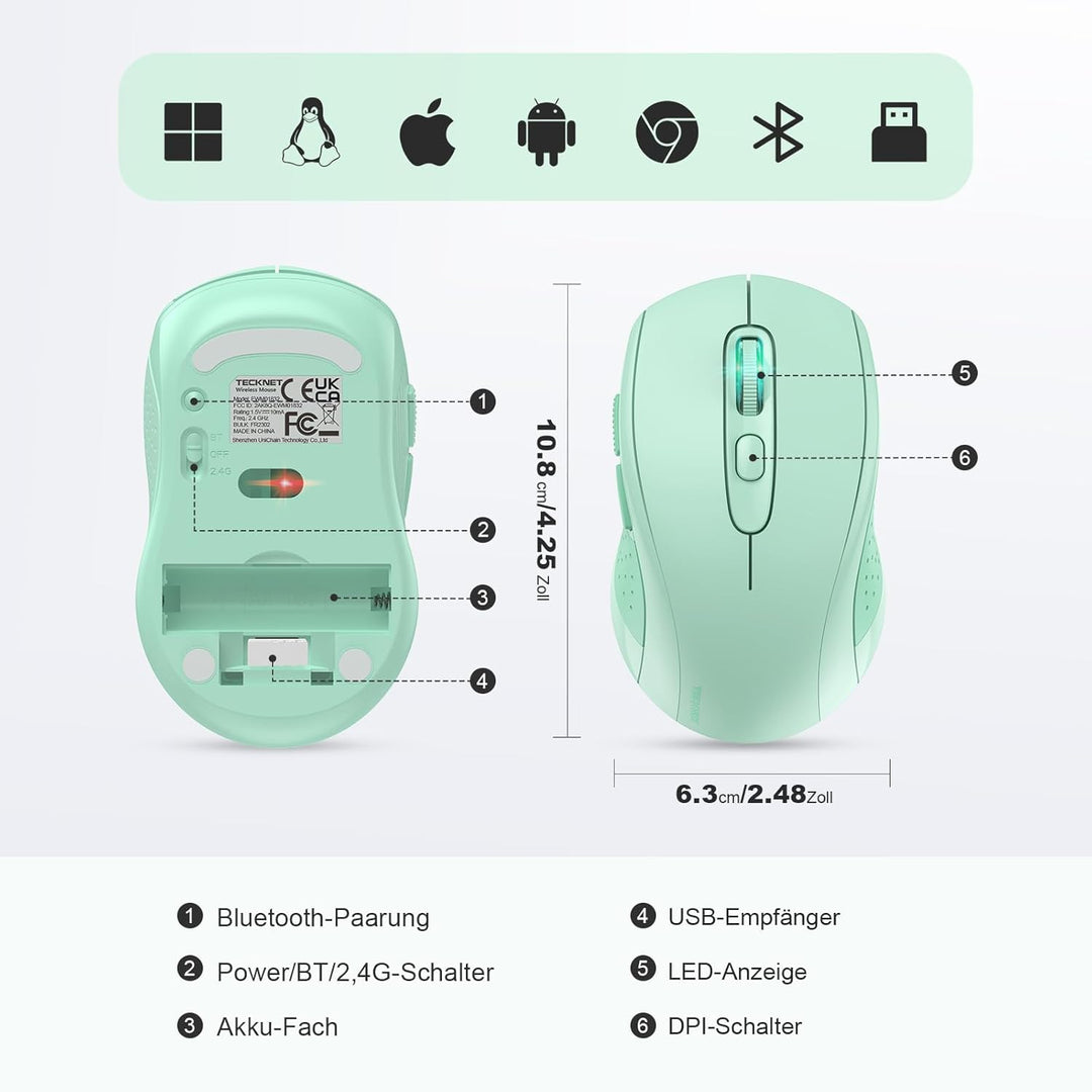 TECKNET Bluetooth Maus, 4000 DPI Maus Kabellos (Tri-Mode: BT 5.0/3.0+2.4GHz) Funkmaus mit USB-Empfän