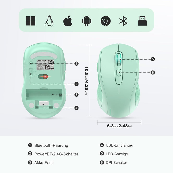 TECKNET Bluetooth Maus, 4000 DPI Maus Kabellos (Tri-Mode: BT 5.0/3.0+2.4GHz) Funkmaus mit USB-Empfän