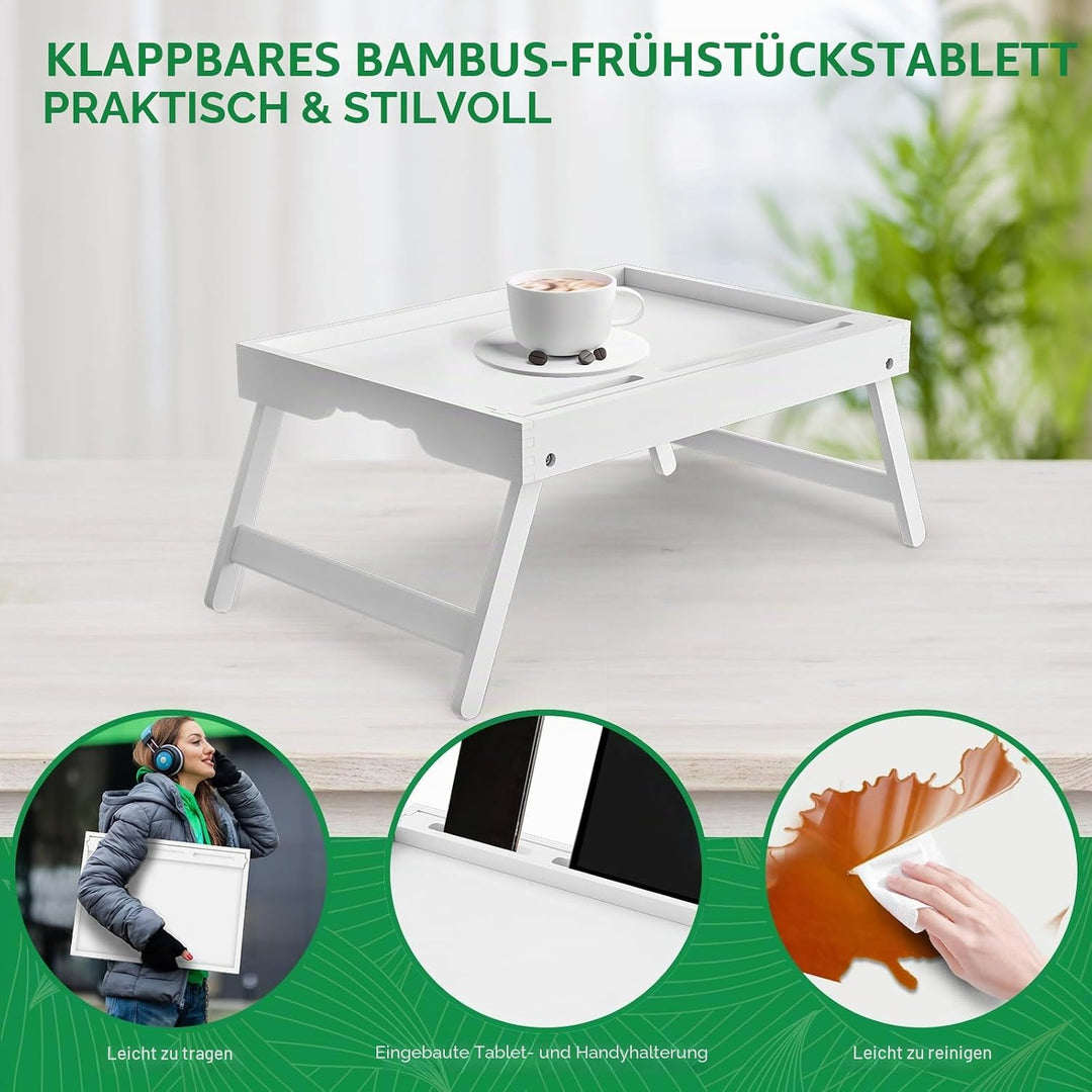 Betttablett mit Griffen,klappbare Beine, Bambus-Frühstückstablett mit Handy/Tablet-Halter Serviertab