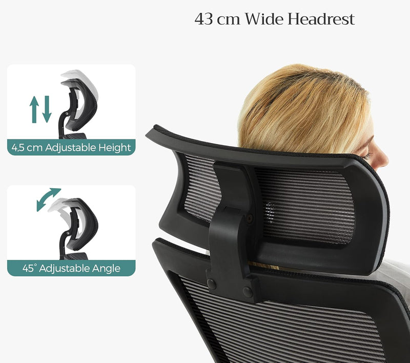 SONGMICS Bürostuhl, Schreibtischstuhl mit Netzbespannung, verstellbare Lendenstütze, Kopfstütze und